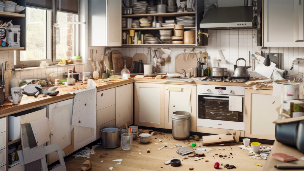 An image of a dirty kitchen with garbage all over the place